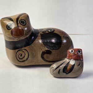 Vintage Tonala Mexican Pottery Cat Folk Art Animal Figurine Hand Painted Clay